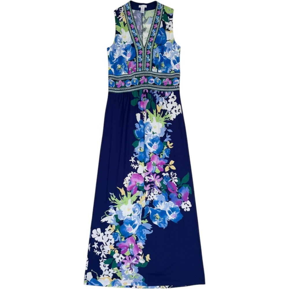 London Times Maxi Dress Womens 14 Blue Floral Sleeveless V-Neck Empire Waist NEW